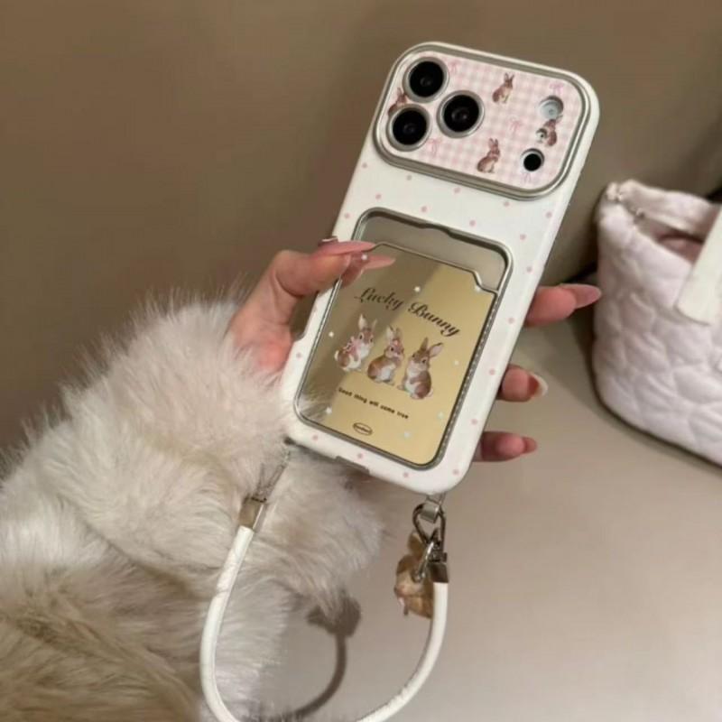 Korean Ins Cute Rabbit Mirror Card Holder Case IPhone 17 Pro Max 16 15 Silicone Full Cover