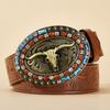Women's Cowboy Belt Western Leather Cowboy Longhorn Bull Pattern Buckle Floral Engraved Buckle Belts