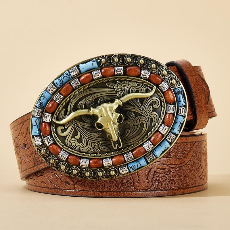 Women's Cowboy Belt Western Leather Cowboy Longhorn Bull Pattern Buckle Floral Engraved Buckle Belts