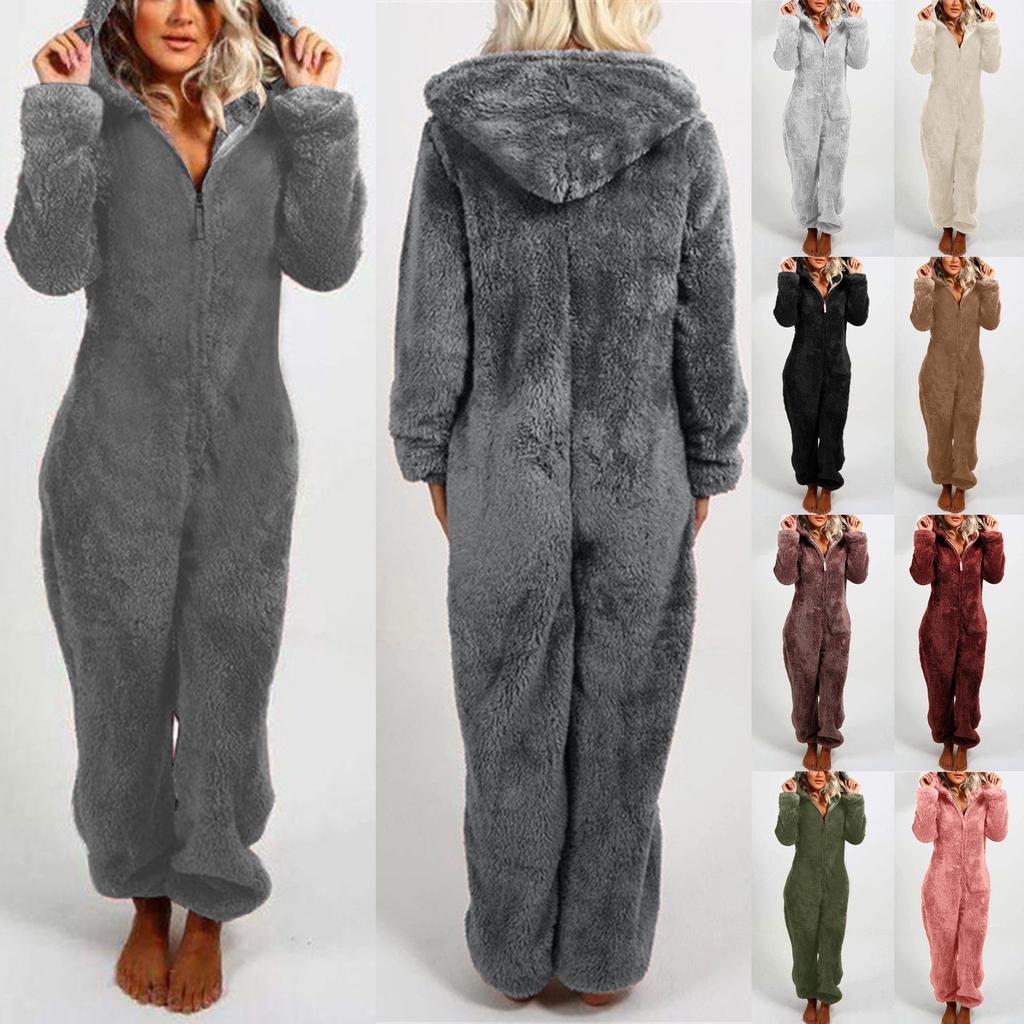 Women Long Sleeve Hooded Jumpsuit Pajamas Casual Winter Warm Rompe Sleepwear