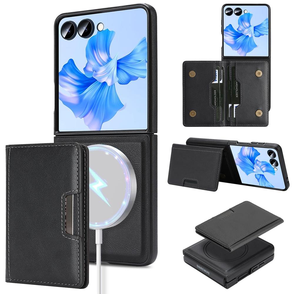 2 In 1 Magnetic Leather Case For Samsung Galaxy Z Flip 7 6 5 4 3 Cards Holder Card Slots Kickstand Wireless Charging Phone Cover