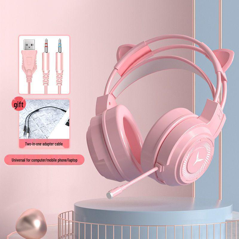 Pink Cat Ear Over-Ear Wired Headphones for Gaming and Esports - Cute Girly Design with Heart Accent.