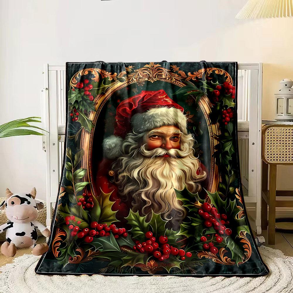 Christmas Themed Santa Print and Holly Berry Decor bedroom Blanket for Livingroom Couch lunch break Soft throw for Friend's festival Gift