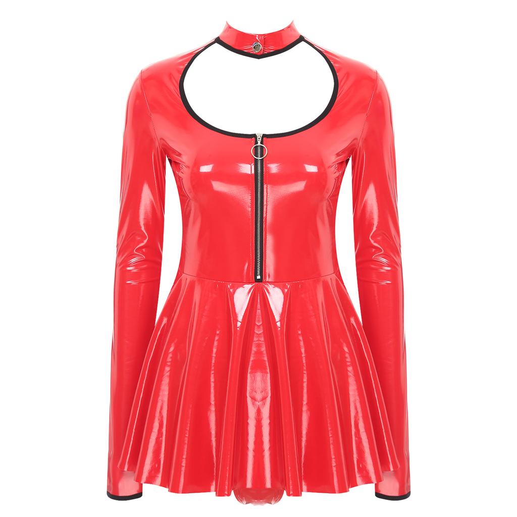 Women Latex Dress Deep V Neck Mesh Long Sleeves Mini Dress Shiny Faux Leather Dress Halloween Costume Rave Party Punk Club Wear