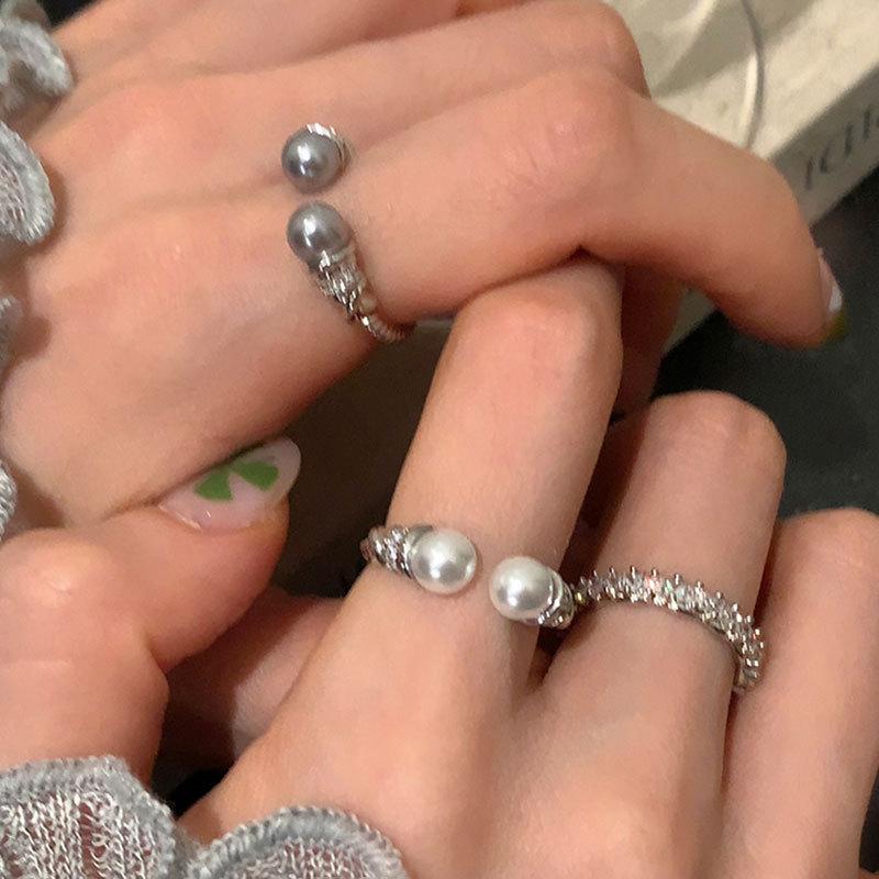 Light Luxury High-End Zircon Pearl Open Ring, Women'S Gentle Niche Fashion Temperament Commuting Versatile Ring Ring