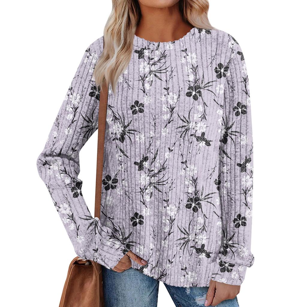 Women's Winter Color-Block Printed Lightweight Brushed-Cotton Round Neck Top