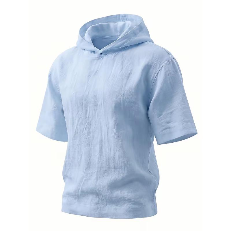 Mens Linen Hooded Short Sleeve T Shirt Loose Fit For Beach Vacation
