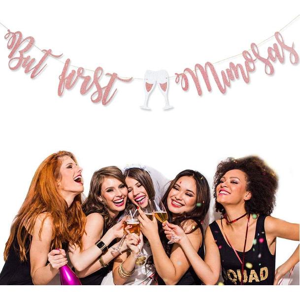 Mimosa Bar Sign But First Mimosas Rose Gold Banner, Decorations for Bridal Shower Baby Shower Bachelorette Party Engagement Wedding Graduation Fiesta