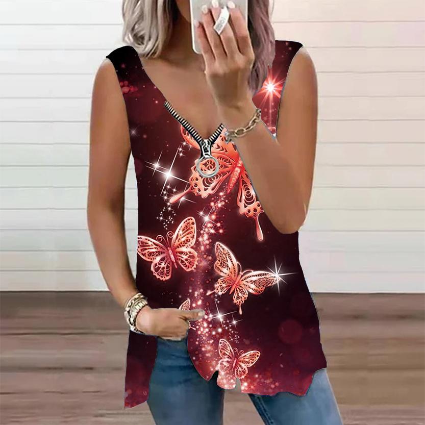 Женский топ, летний новый модный повседневный топ с золотым принтом бабочки размера плюс, топ без рукавов на молнии с v-образным вырезом, майка
