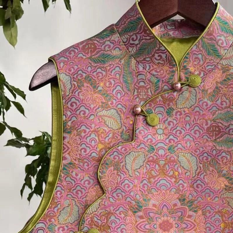 «Женская жилетка с асимметричным воротником и розовым принтом 2024 года в китайском стиле, идеально подходит для весны, осени и зимы»