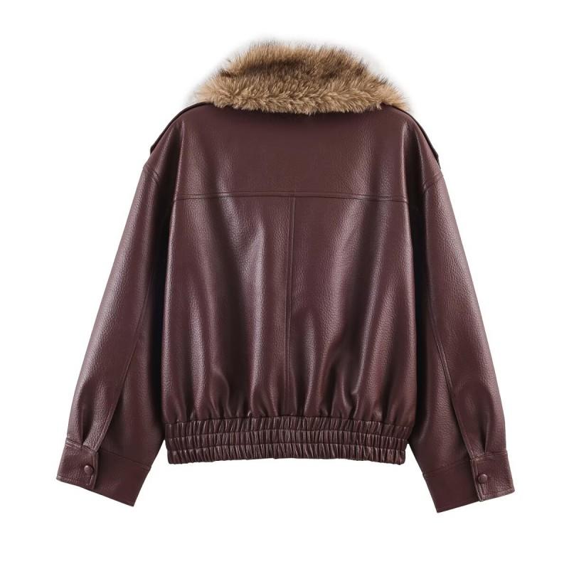 PBZA Winter Detachable Collar Faux Leather Jacket Womens Loose Fit Casual Coat