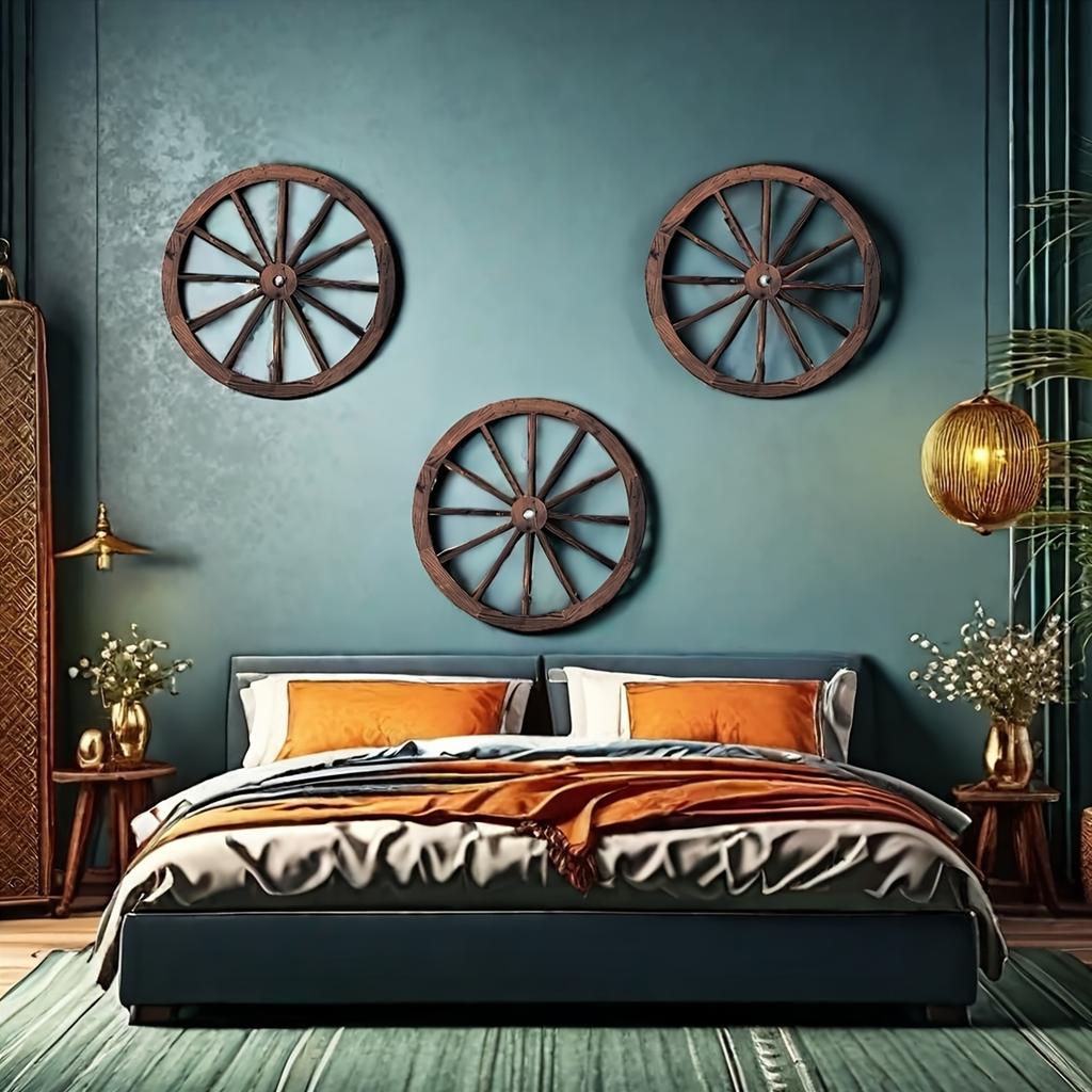 3pcs Boho Style Hanging Wooden Wagon Wheel Wall Art, Manufactured Wood Fairy Tale Themed Decor, Versatile Ornamental Pendants