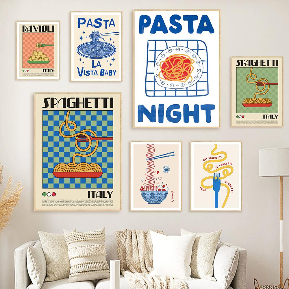 Spaghetti Ramen Noodles Wall Print Colorful Poster Retro Food Funny Wall Art Canvas Painting Trendy Decor Pictures For Kitchen