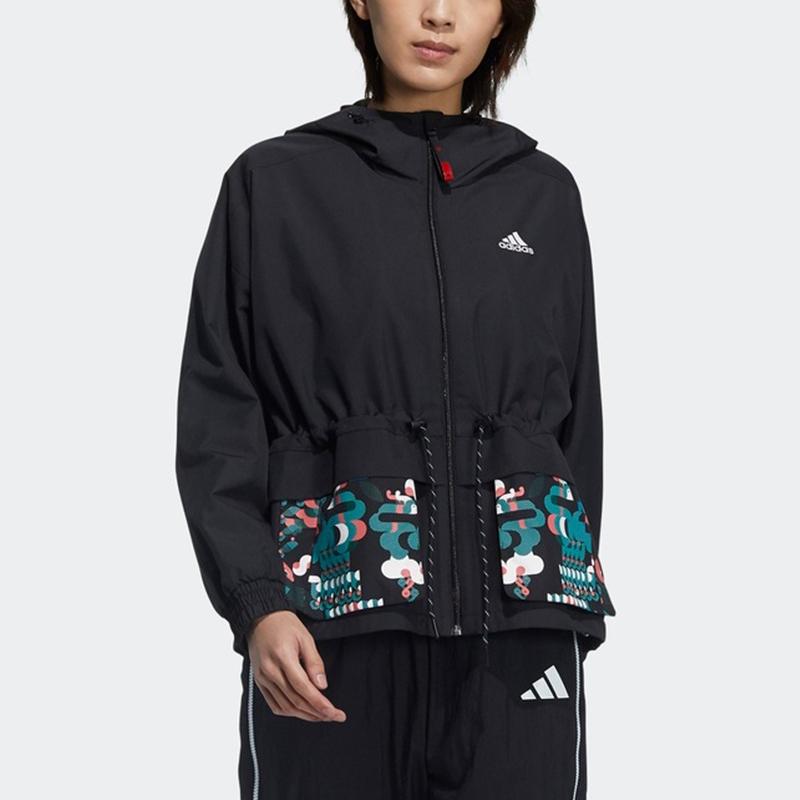 adidas Куртка серии Cny спортивная тренировочная печатная тканая куртка с капюшоном женские куртки черные GP0624