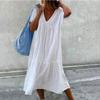 Summer Short Sleeve V Neck Loose Women Dress Elegant Fashion Solid Color Casual Simple A-line Party Long Dress Basic Women's Clothing