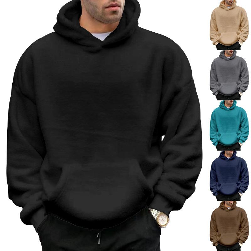 Осень Зима Новая Мода Толстовки Длинный Рукав Однотонные Толстовки из Овечьей Шерсти Мужская Одежда Повседневная Свободная Карманы Корейский Тренд Топы