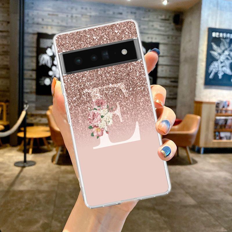 Чехол для телефона Google Pixel 9 8 7 Pro 8A 7A 6A 6 Pro XL 5 4 5A 4A 3A 5G, прозрачный, с розовой блестящей буквой M, из мягкого ТПУ