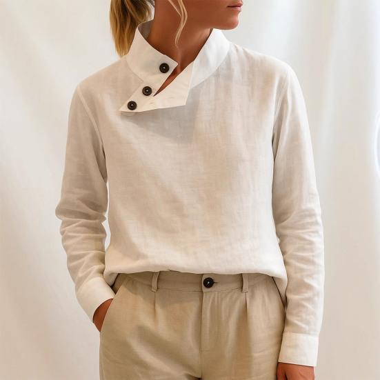 Женские топы Стойка воротник Скошенный пуговичный вырез Длинный рукав Пуловеры Однотонный Свободный крой Повседневные топы Для работы Вечеринки Повседневной носки