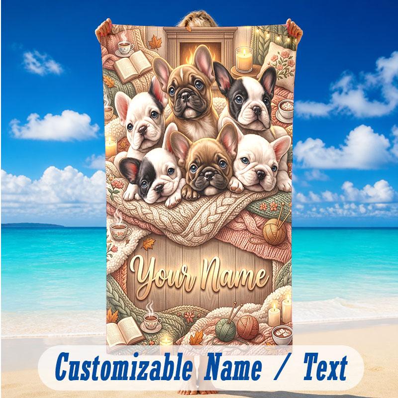 Dog Theme Beach Towel Personalized Custom Name & Text Soft Quick Dry Beach Towel for Swimming Travel