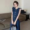 Women's Sleeveless Crew Neck Waist Skinny Denim Long Dress