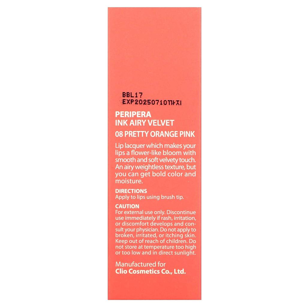 Ink Airy Velvet Lip Tint, 08 Pretty Orange Pink, 4G(0.14Oz)