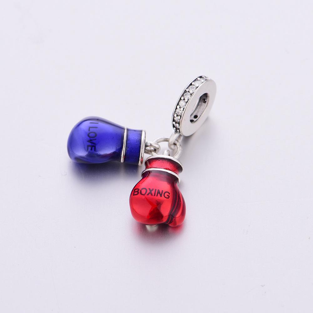 S925 Silver Red And Blue Boxing Glove Pendant Power Bead Bracelet Necklace DIY Handmade Craft Accessories Loose Beads