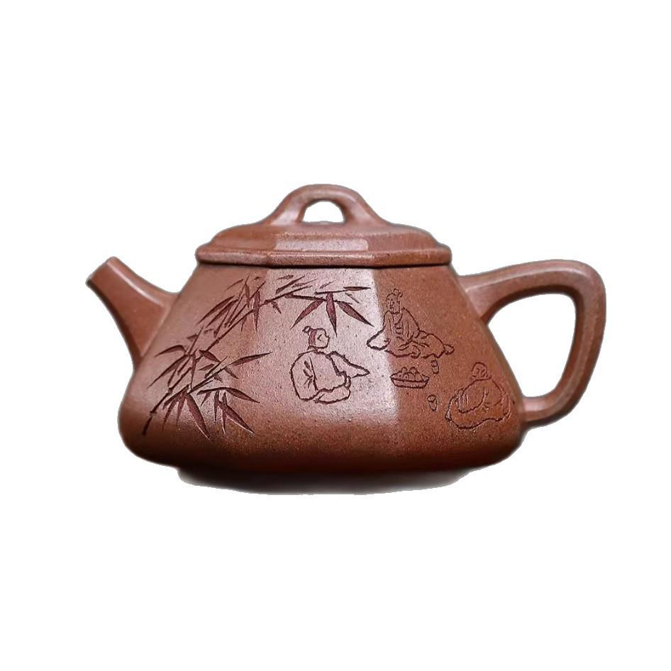 Eight-Sided Engraved Agarwood Clay Yixing Zisha Teapot by Renowned Artist