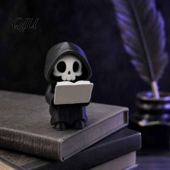 Versatile Desktop Decoration Grim Reaper Reading Figurine, 3D Printed Mini Skull Statue, Fun Sculpture Cute Gothic Skeleton Ornament for Bookshelf,