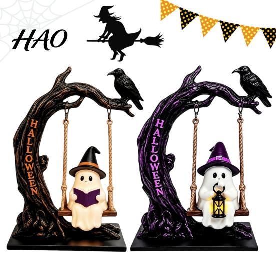 Halloween Home Decor Gifts Swinging Ghost on Tree Figurine, Resin Swing Statue, Spooky Porch Accessories Reading Ornament, Indoor Outdoor Tabletop