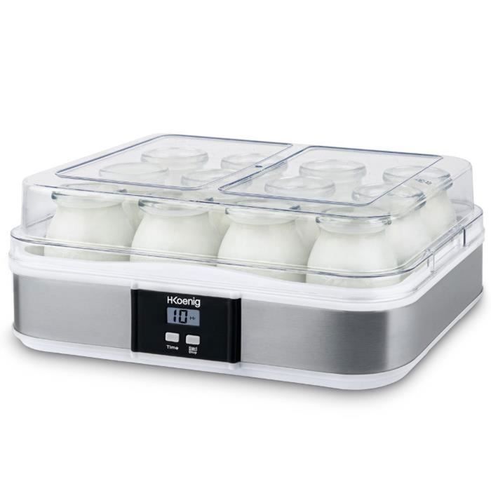 Yaourtière HKOENIG - ELY120 - Capacité 12 pots en verre de 160ml + 1 pot à fromage blanc (1,2L) - Programmable jusqu'à 15h - 15W