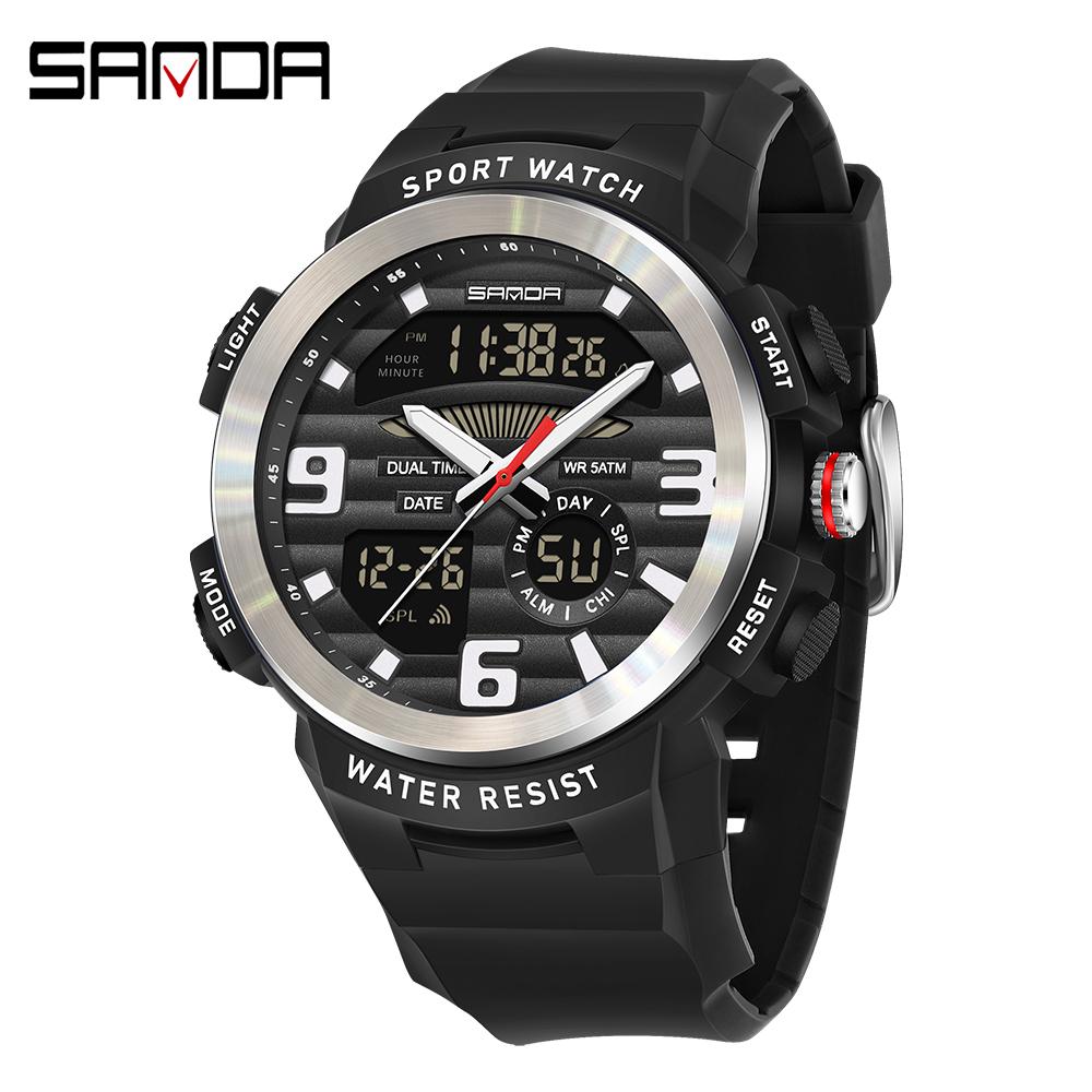 SANDA SD3399 Fashion Men Electronic Quartz Watch Multifunctional Dual Display Watch Luminous Calendar Watches for Man
