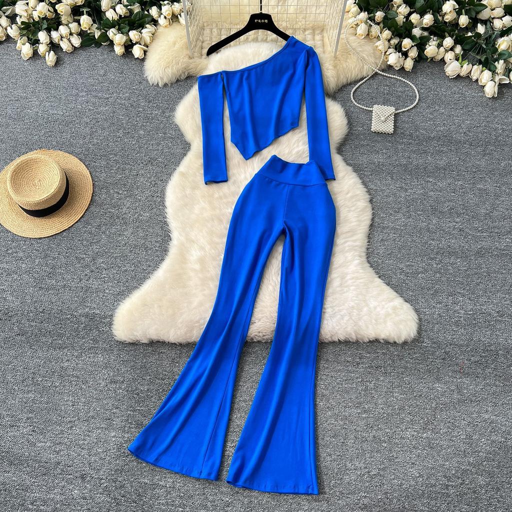 Сексуальная косая горловина без бретелек длинный рукав асимметричная футболка топ женский высокая талия тонкий пакет бедра микро брюки костюм