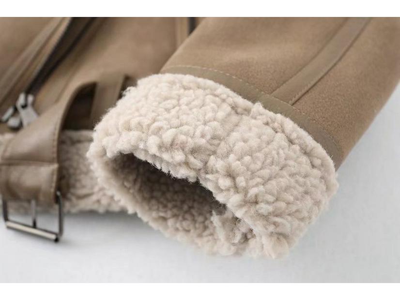 Women's Suede and Lambswool Motorcycle Jacket - Warm Fleece Coat for Autumn and Winter