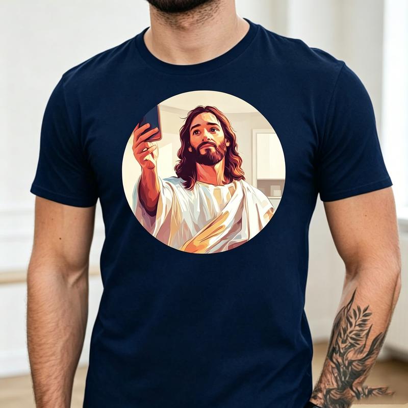 Funny Jesus Selfie Graphic T Shirt Unisex Soft Cotton Crew Neck Short Sleeve Trendy Casual Tops For Christians And Humor Fans