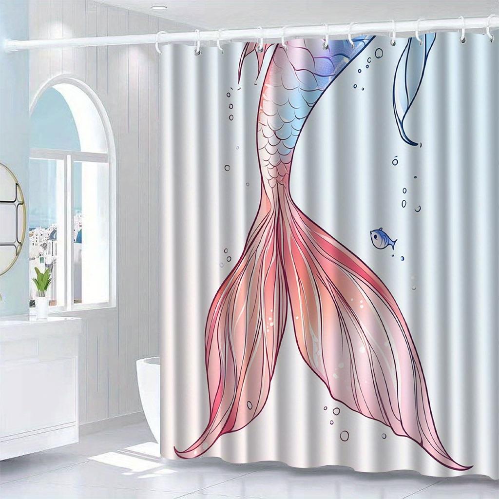 1pc fish tail pattern shower curtain with hook, bathroom partition, bathroom accessories, home decoration