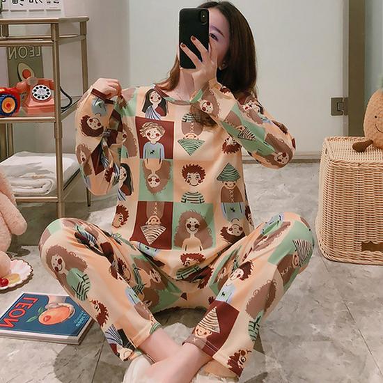 Женский мультяшный пижамный комплект - Рубашка с длинным рукавом и брюки, Домашняя одежда для маленьких студенток на весну и осень