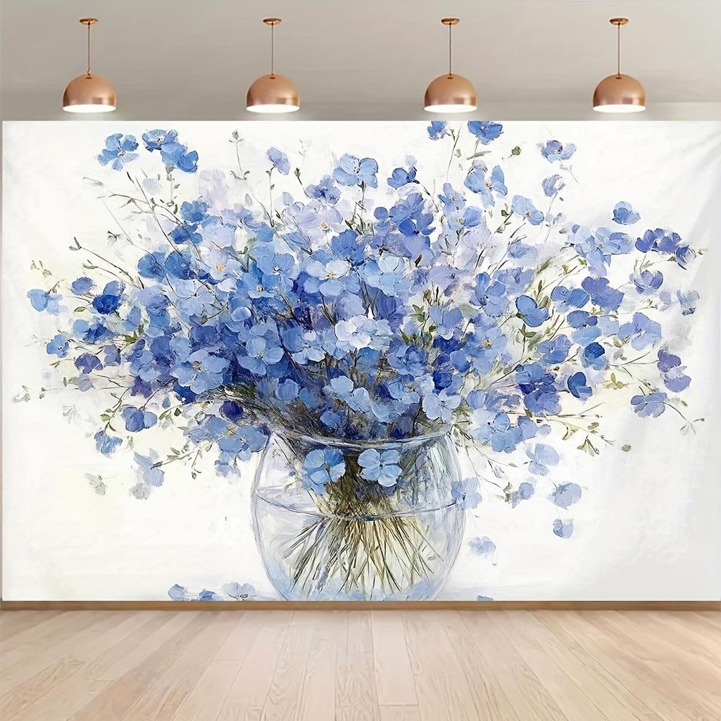 2D flat-set backdrop, serene blue hydrangea as the photography background - realistic glass vase design