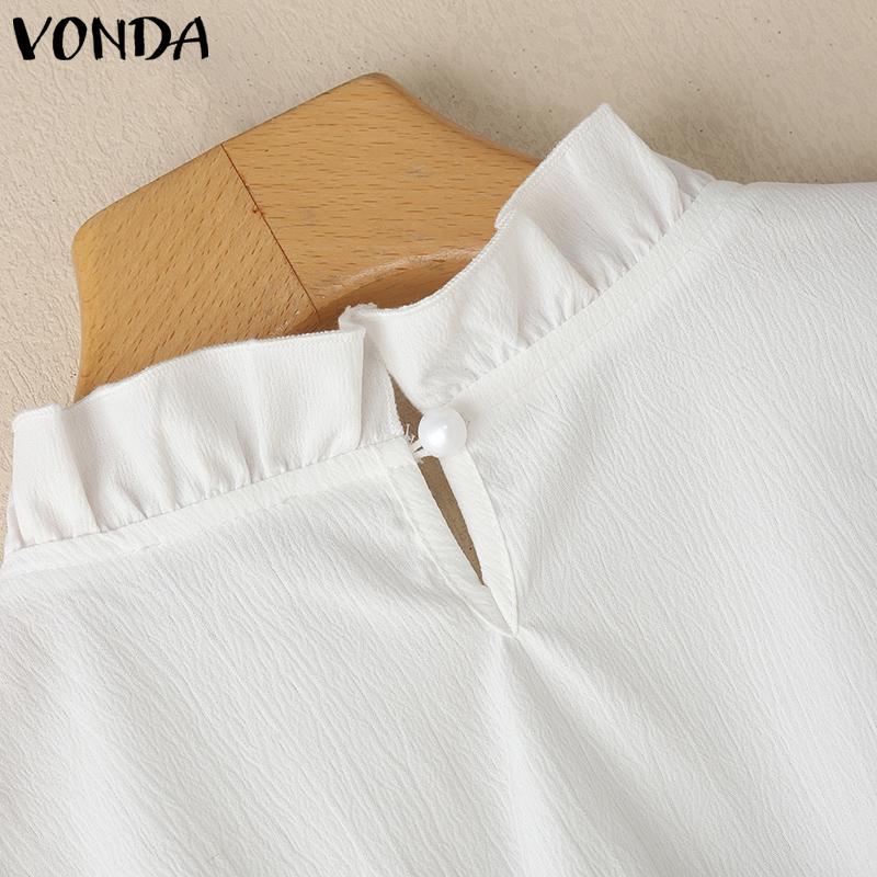 VONDA Women Stand Ruffled Neck Long Sleeve Patchwork Smocking Fake Two Pieces Blouse