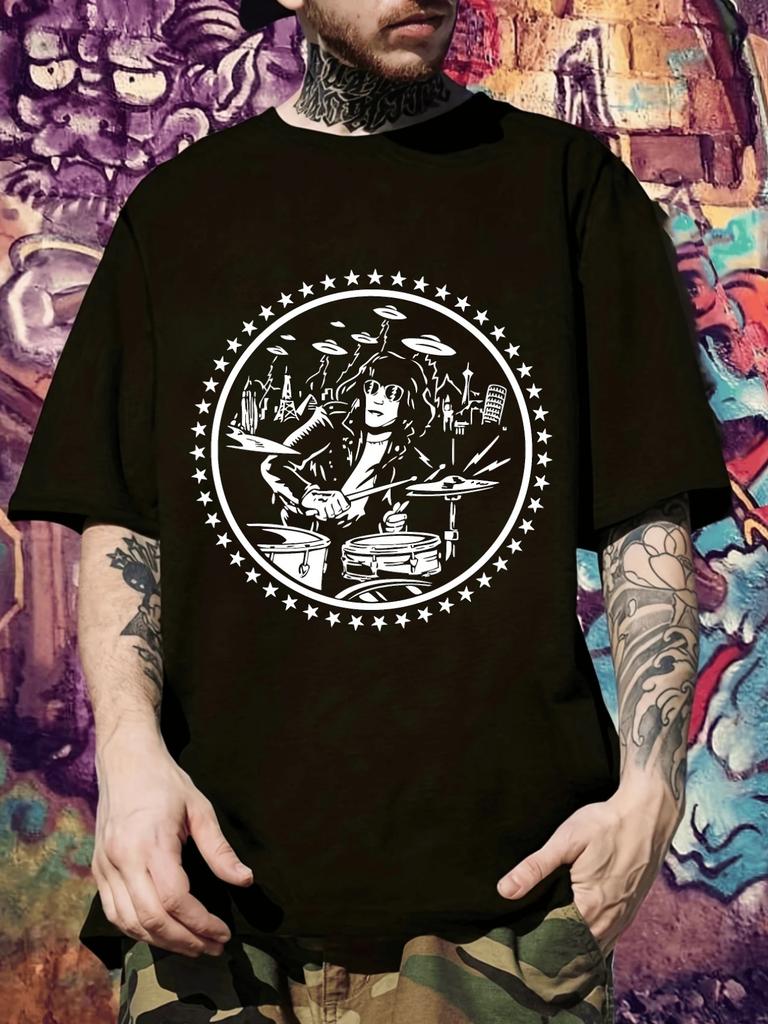 Drummer Graphic T-shirt - Black Music Festival Tee with Drummer Stage Performance Print