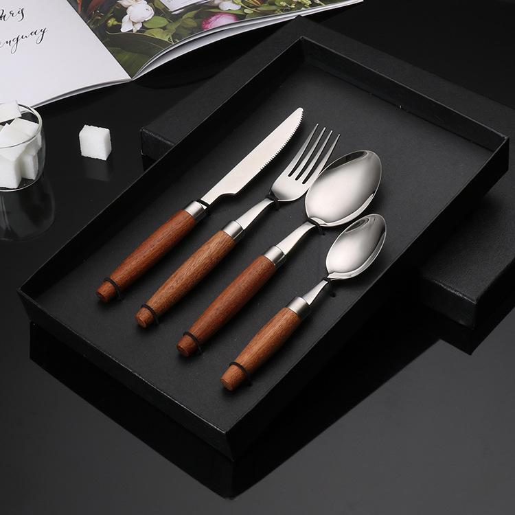 Столовые приборы из нержавеющей стали 304, вилка, ложка, палочки для еды, деревянная ручка, подарок в стиле западной кухни, кухонная посуда, полные наборы