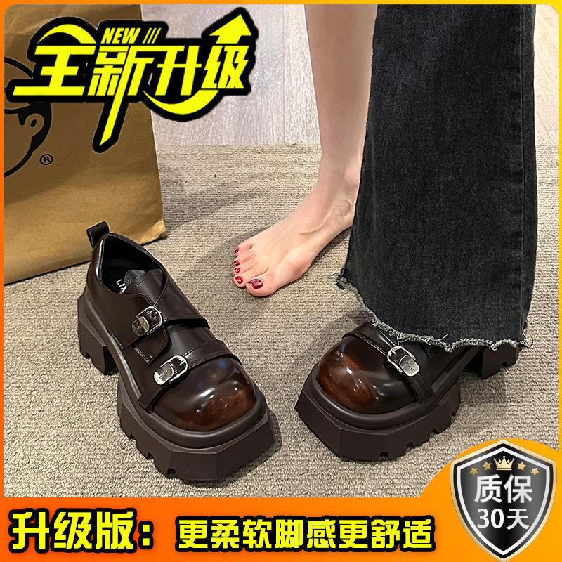 2025 весна новые британские туфли ретро мокасины с большой головкой женские туфли на толстом каблуке универсальные с юбкой маленькие кожаные туфли