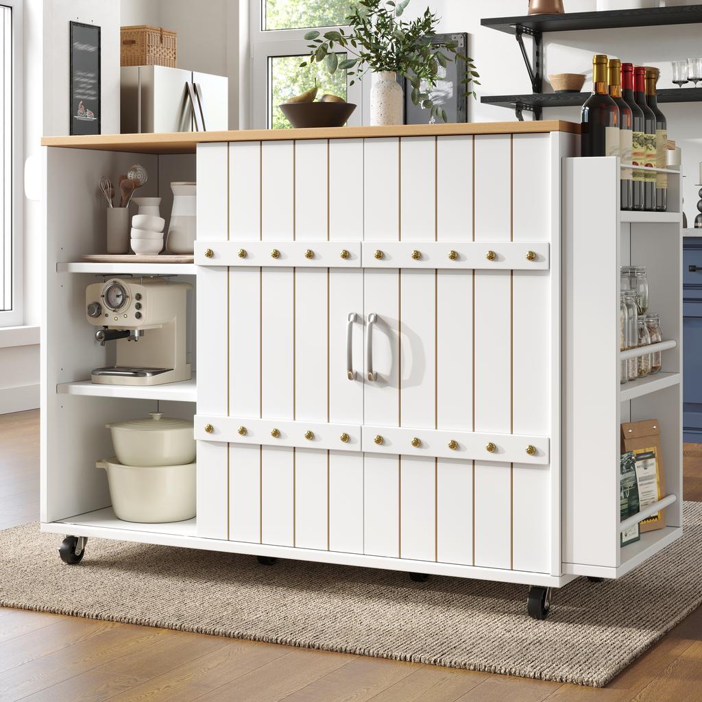 Serving trolley with wood grain, kitchen trolley with wheels, with spice rack and towel holder, island with sliding doors and drawers, white