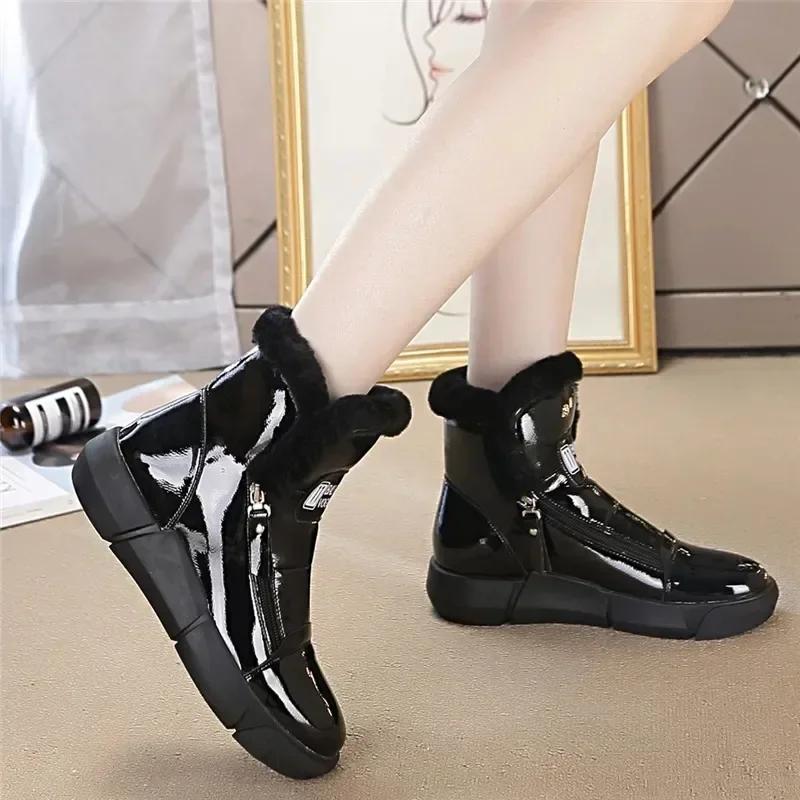 Fashion 4CM Platform Wedge Sneakers Women ZIP Ankle Booties Genuine Leather Chunky Autumn Winter Plush Warm Fur Comfortable Snow Boots