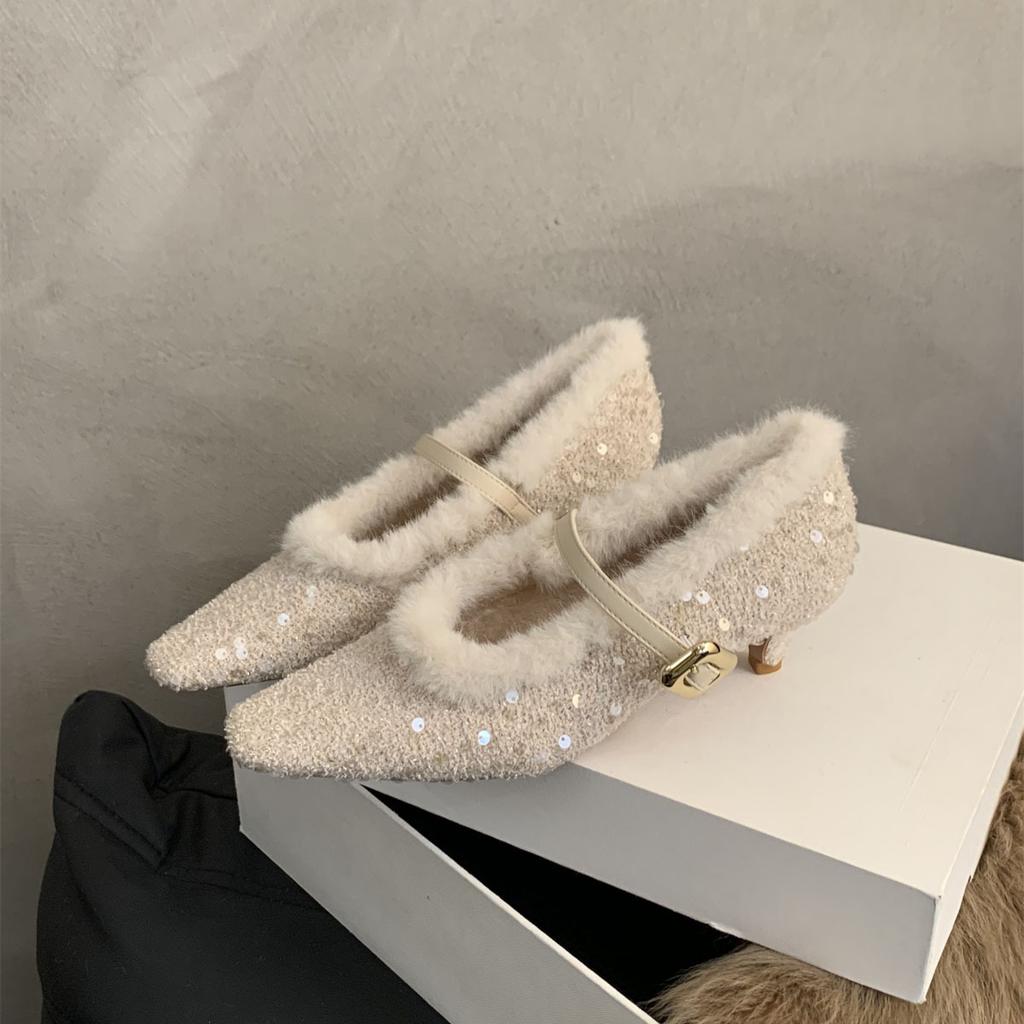 Французские феи туфли на шпильках 2025 года корейская версия нежного темперамента пушистая обувь женская одежда женская обувь Мэри Джейн