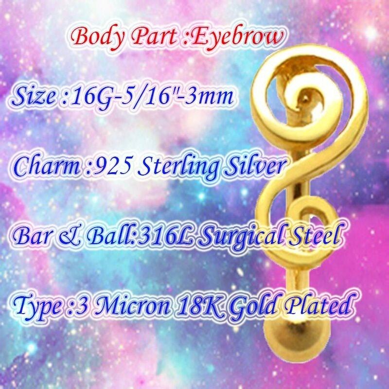KODY PIERCING 18K Gold Plated Musical Note Piercing On Eyebrow Arch Bar with Ball - Quality Piercing