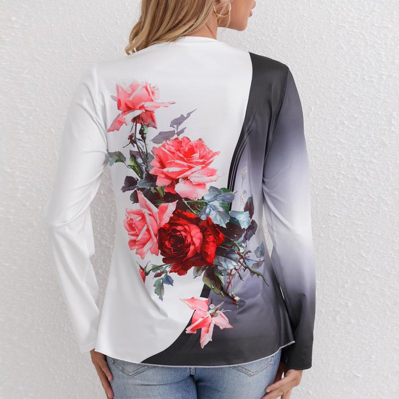 Женская повседневная футболка с цветочным принтом, круглым вырезом и длинными рукавами, на осень 2024 года
