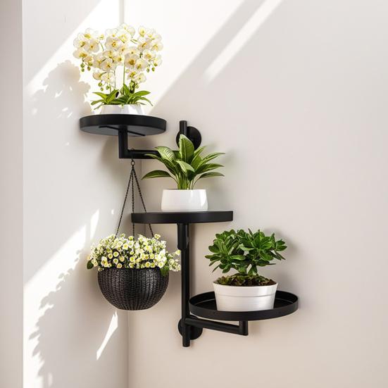 Rotating Window Plant Shelf Metal 3-Tier Floating Plant Display Stand Wall Mount Potted Plant Holder for Indoor Outdoor Home Office Bedroom Decor