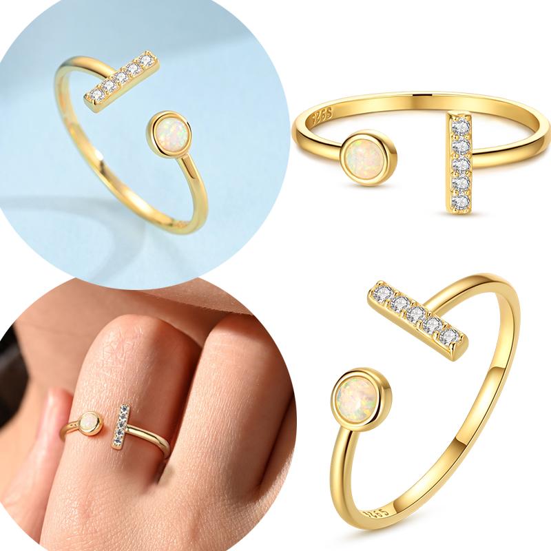 Original 925 Sterling Silver Opal Ring Size Adjustable Open Gold Ring For Women Vintage Elegant Jewelry Gift