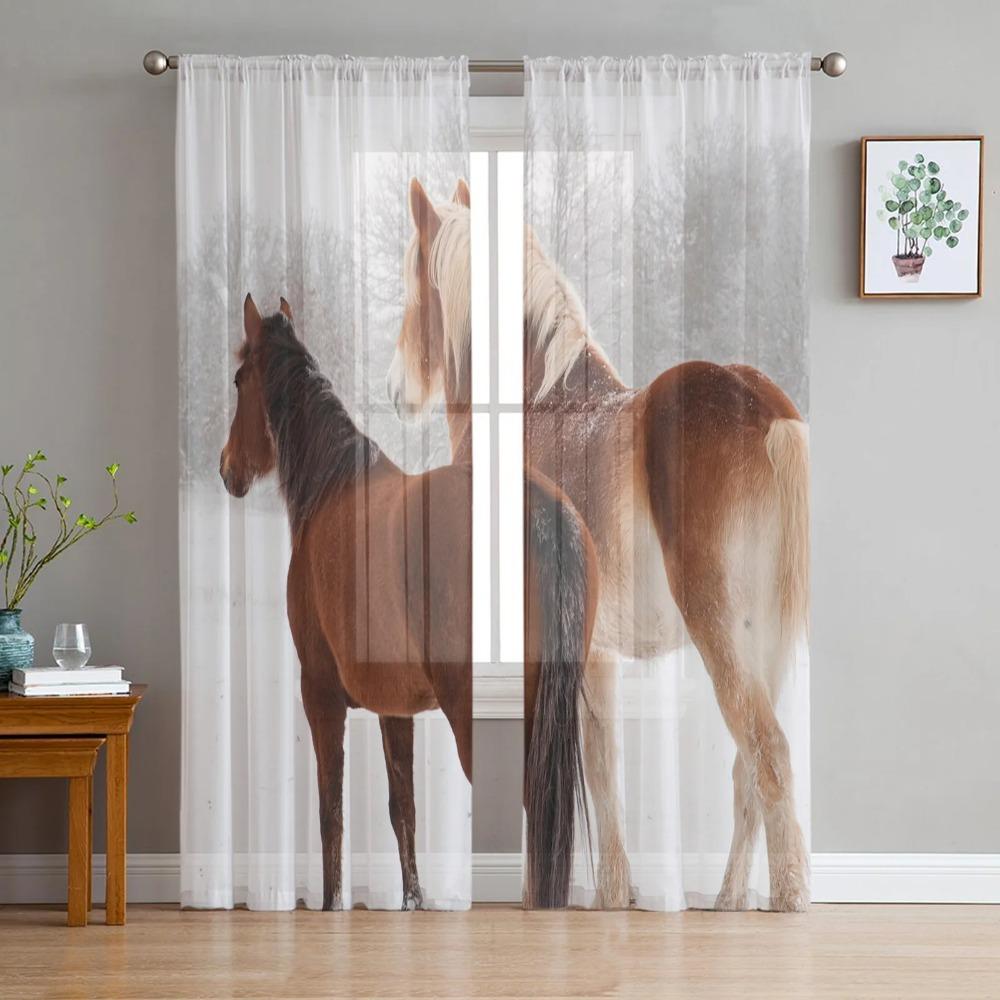 Animal Horse Snow Scene Tulle Voile Curtains For Bedroom Space Space Window Curtain For Living Room Sheer Drapes Shades Organza Drapes Decor