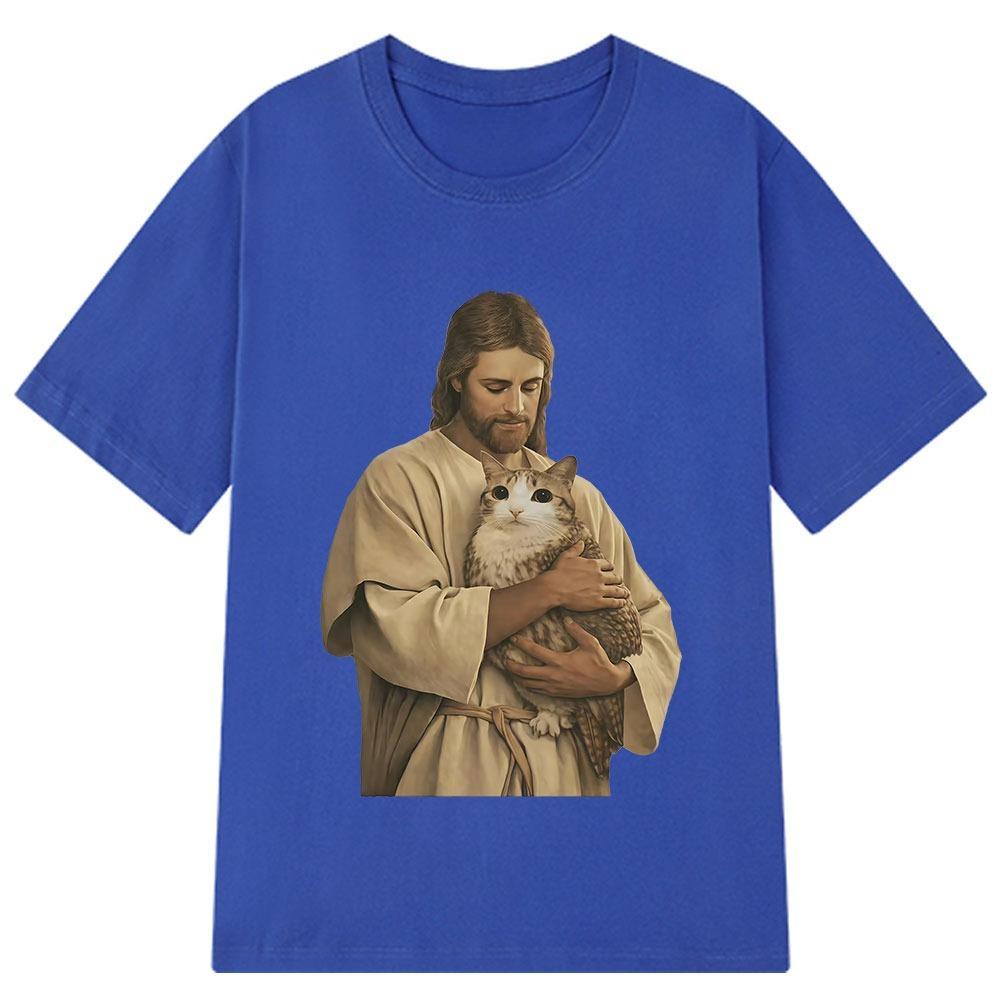 Funny Jesus Holding Meowl Funny Cat Meme T Shirt Unisex Unisex Harajuku Vintage Tshirt Shortsleeved Loose Cotton Hiphop Tshirts